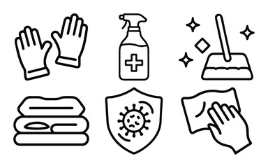 Collection of cleaning icons for home hygiene isolated on white background