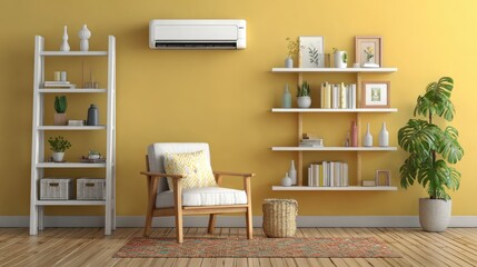 Cozy Living Room with Yellow Wall, Stylish Shelves, Air Conditioner, and Comfortable Chair
