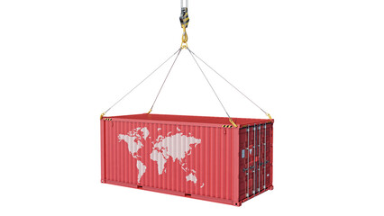 Red shipping container with World Map graphic suspended by crane hooks, isolated on transparent background. Global trade concept. 3D illustration