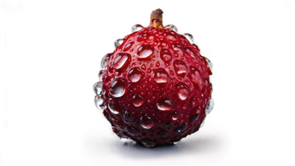 Litchi under monsoon light showing freshness and droplets on rough peel with reflective inner surface