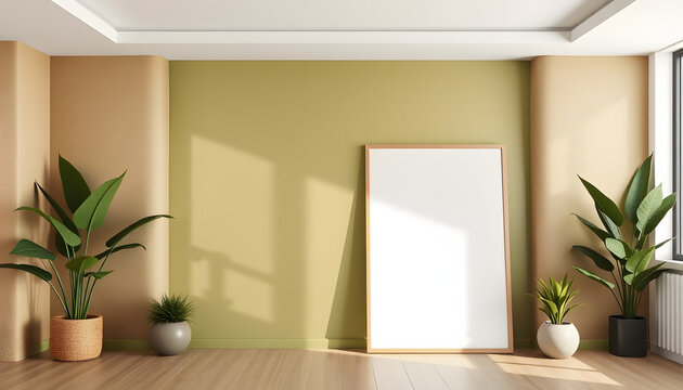 Modern interior with plants, pastel walls, minimalist decor and soft natural light in a cozy setting