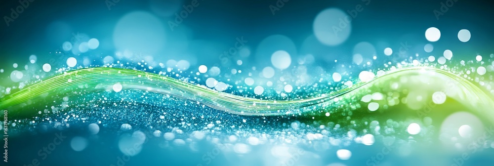 Wall mural enchanted forest of luminous emerald and cyan light with sparkling bokeh dots, vector art design