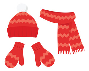 Winter accessories collection. Red hat, scarf, and mittens with zigzag pattern. Cartoon