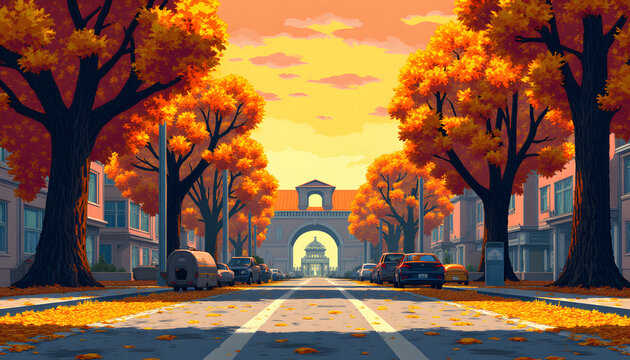 Pixel art rooms and retro city scenes with cozy lighting, nostalgic tech and vintage fall vibes