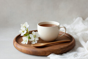 Fototapeta premium Tea time serenity cozy cup of herbal tea with blossom accents on wooden tray minimalistic setting soft natural light