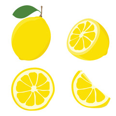 Set, collection of citrus. Whole lemon with leaf. Half, piece and slices