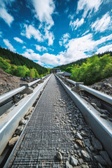 Fototapeta premium Vibrating conveyor belt transporting rock at a mining plant under a picturesque blue sky with clouds