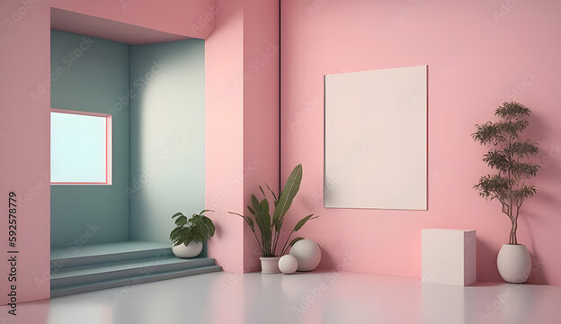 Modern interior with plants, pastel walls, minimalist decor and soft natural light in a cozy setting