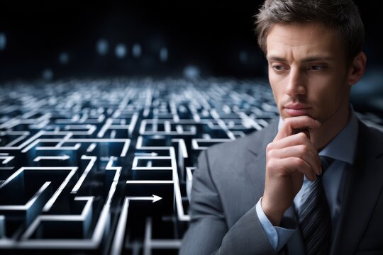 Businessman contemplating solutions in a complex digital maze at night