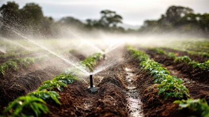 Agricultural Irrigation System Watering Rows of Green Strawberry Plants in a Lush Farm Landscape Under Soft Morning Light