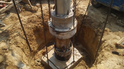 Construction Equipment for Deep Foundation Work with Drilling Rig and Soil Excavation in Progress