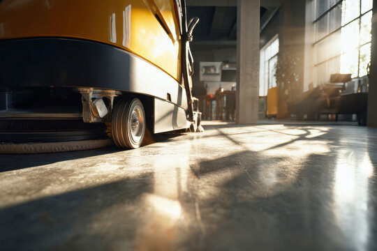 Professional floor cleaning machine engages in detailed polishing in a bright office setting with a rustic touch