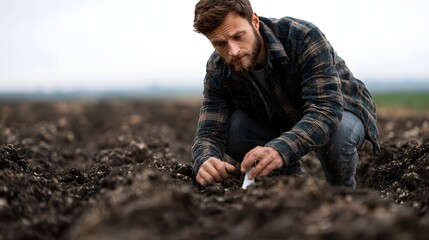 A farmer examines a soil sample in a field  long title A farmer in a plaid shirt kneels down in a cultivated field to collect and inspect a soil