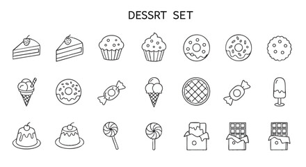 A collection of outlined dessert icons, including cakes, cupcakes, donuts, and candies, displayed in a grid.