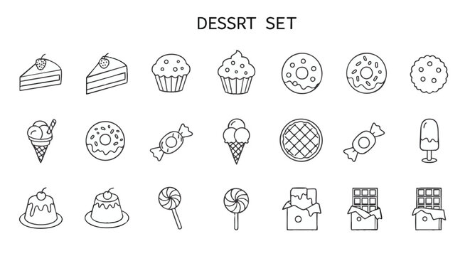 A collection of outlined dessert icons, including cakes, cupcakes, donuts, and candies, displayed in a grid.