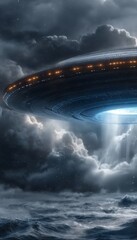 Mysterious UFO Emitting Bright Light Beam Over Stormy Ocean with Dramatic Sky and Turbulent Waves