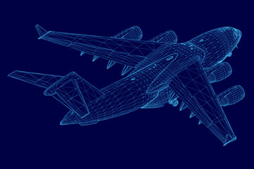 A 3D wireframe model of an aircraft displays intricate blueprint details against a solid blue background. The transparent mesh structure highlights the plane's engineering design with precision.