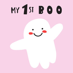 Fototapeta premium My first boo. Little happy ghost. Very cute character. Halloween party. Vector illustration on pink background.