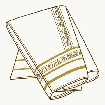 Elegant white fabric with gold geometric border and stripes folded neatly on a light background