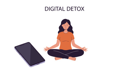 Woman meditating for digital detox next to a smartphone  for health campaigns and mental health materials