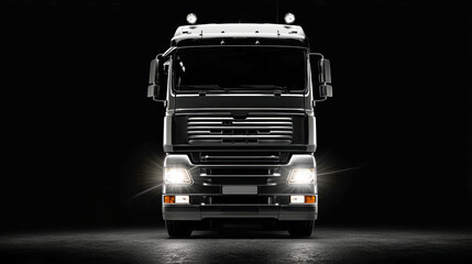 Sleek truck with headlights shining in striking detail against a contrasting black backdrop