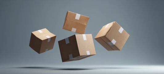 The floating cardboard boxes in a minimalist studio setting showcasing delivery logistics