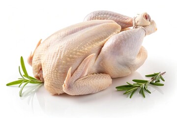 Whole raw chicken with rosemary isolated on white background