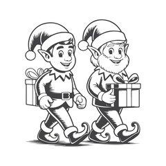 Two smiling elves carrying gifts christmas holiday