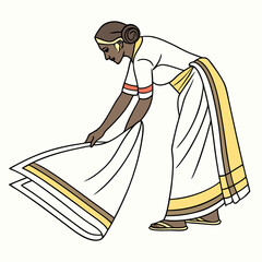 Fototapeta premium Traditional indian woman in white sari with golden border folding fabric with graceful hands