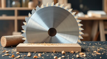 Circular saw blade ready to cut wood in a workshop