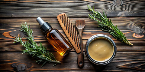 Natural rosemary oil and grooming tools for hair and beard care, presented on a rustic wooden background with a vintage feel