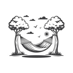 Two trees with hammock and birds in the sky nature clouds