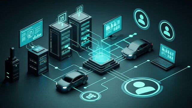 Isometric illustration depicting a network of connected devices, including servers, cars, computers, and user profiles, all linked by a central data hub.