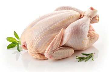 Whole raw chicken isolated on white background with herbs