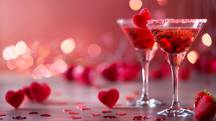 Two glasses of red cocktail with roses and hearts, Valentine’s Day concept