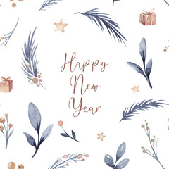 Watercolor floral new year seamless pattern in cute childish style, colored christmas background, hand painting print with abstract flowers, leaves and plants, design texture