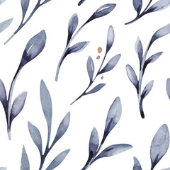 Watercolor floral new year seamless pattern in cute childish style, colored christmas background, hand painting print with abstract flowers, leaves and plants, design texture