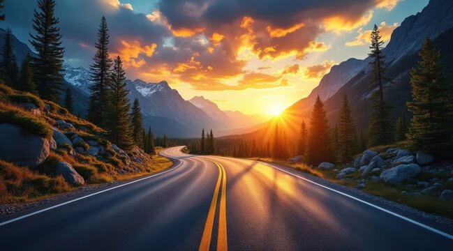 Scenic mountain road at sunset with dramatic sky