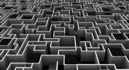 Obraz premium Abstract Maze with Black Squares, Geometric Pattern in Monochrome Tones