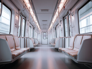 Empty subway car waiting for passengers with beige seats and led lighting