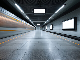 Subway train passing through station with blank billboards