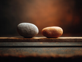 Two balancing pebbles resting on wooden plank representing harmony and balance