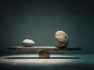 Balancing stones on wooden plank symbolizing equilibrium and harmony