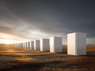 White monoliths standing in a field at sunset creating a path to infinity
