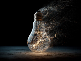 Light bulb exploding with glowing particles on dark background