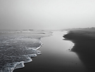 Gentle waves reaching the shore on a foggy morning