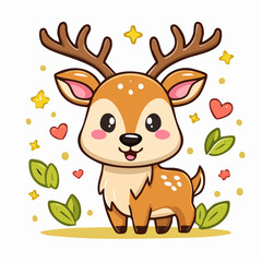 Fototapeta premium Adorable Cartoon Deer Illustration with Hearts Stars and Foliage for Children