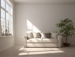 White minimalist living room with sofa and potted plant illuminated by sunlight