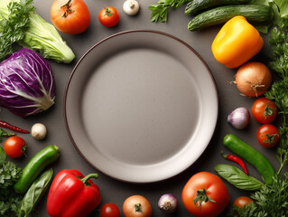Empty plate surrounded by fresh vegetables on dark background