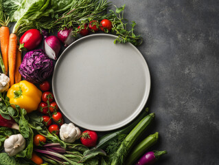 Fresh vegetables framing empty plate on dark background